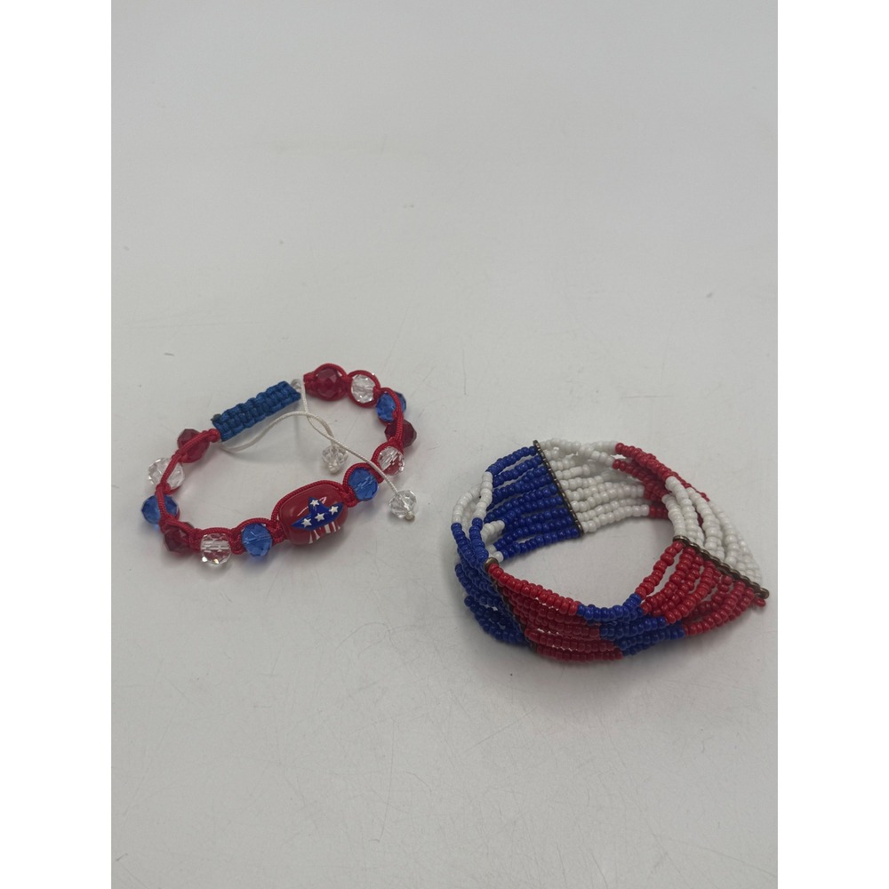 Red White Blue Patriotic Bracelet Set Seed Bead Cuff and Star Macrame 2pc